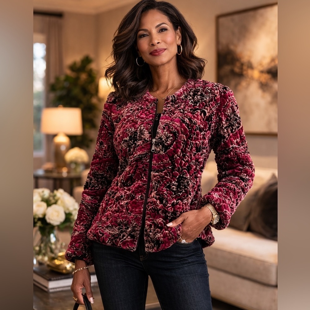 Joseph Ribkoff quilted coat floral printed zipper blazer elegant artsy sz 10